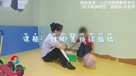 感统训练游戏：独脚凳拍球插棍-课题目标：锻炼孩子平衡，手眼协调，双侧协调，专注力及反应力。视频来源：心之初特殊教育学校-武汉新洲邾城街校区-感统部-孙老师